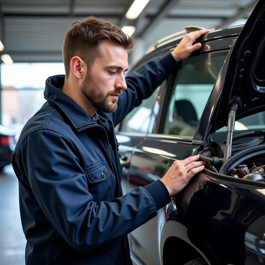 Ein Mechaniker inspiziert sorgfältig einen Gebrauchtwagen in der Werkstatt von Autoland Leverkusen