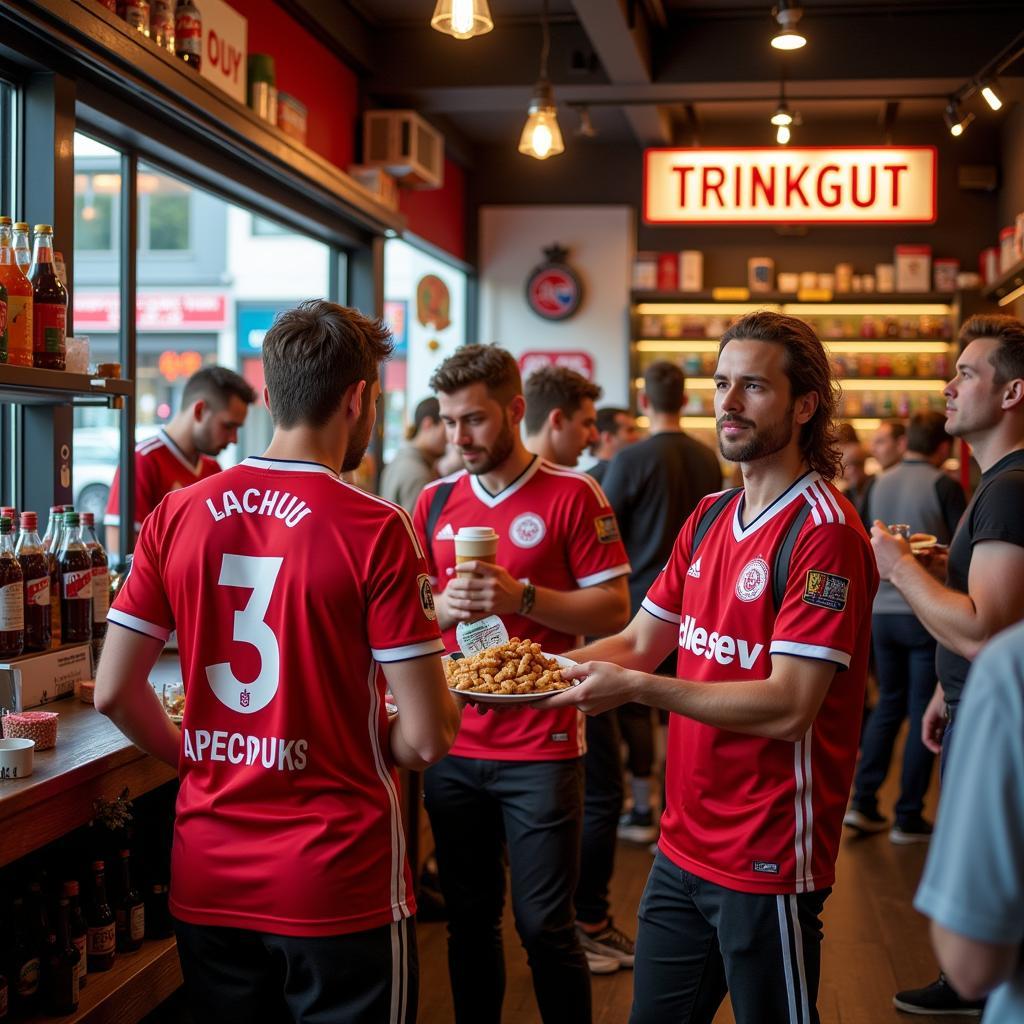 Fans purchasing drinks at a Trinkgut store in Leverkusen, wearing Bayer Leverkusen jerseys.