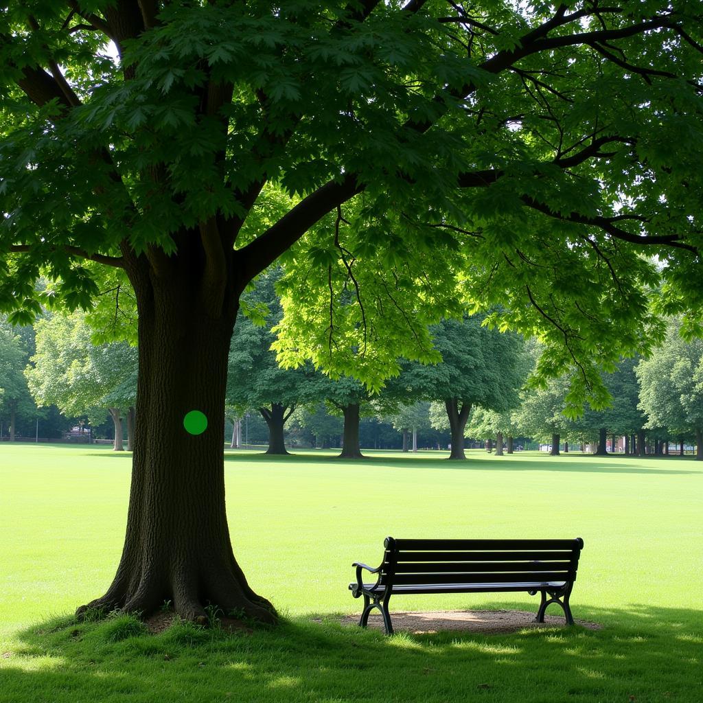 Parkbank unter einem Baum mit grünem Punkt in Leverkusen