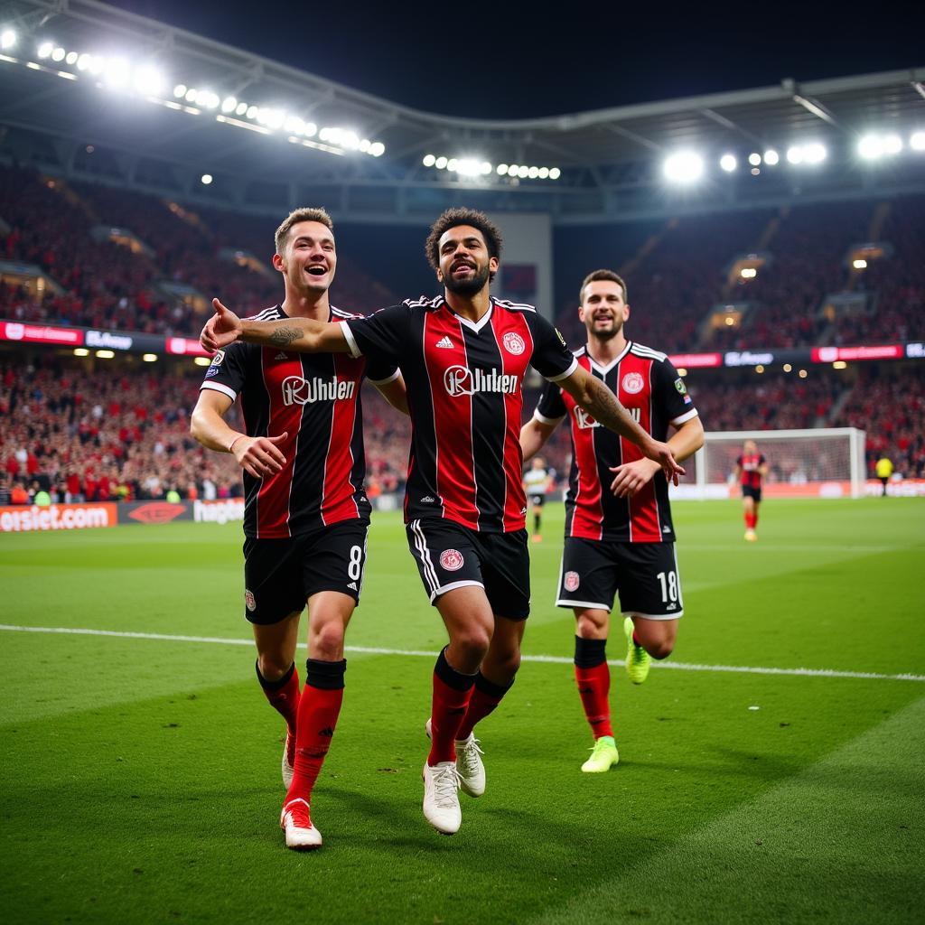 Piero Hincapié jubelt mit seinen Teamkollegen nach einem Tor in der BayArena.