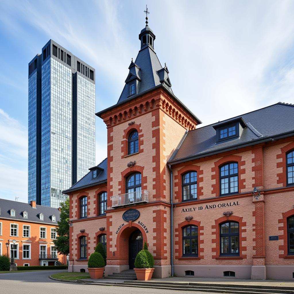 Historisches Rathaus Opladen mit moderner Architektur im Hintergrund