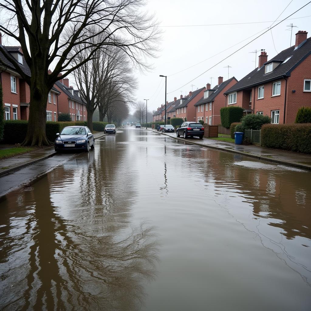 Überschwemmte Straßen und Häuser in Leverkusen nach dem Hochwasser