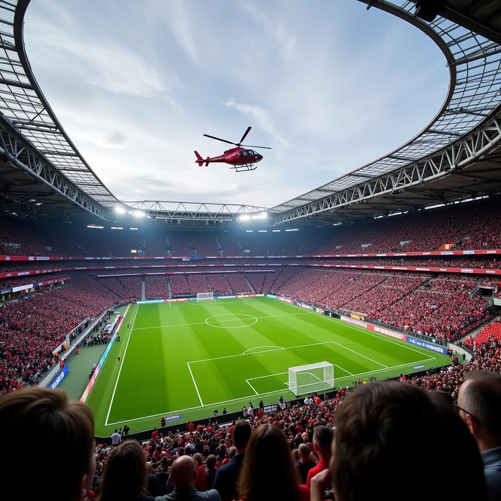 Hubschrauber über der BayArena während eines Fußballspiels