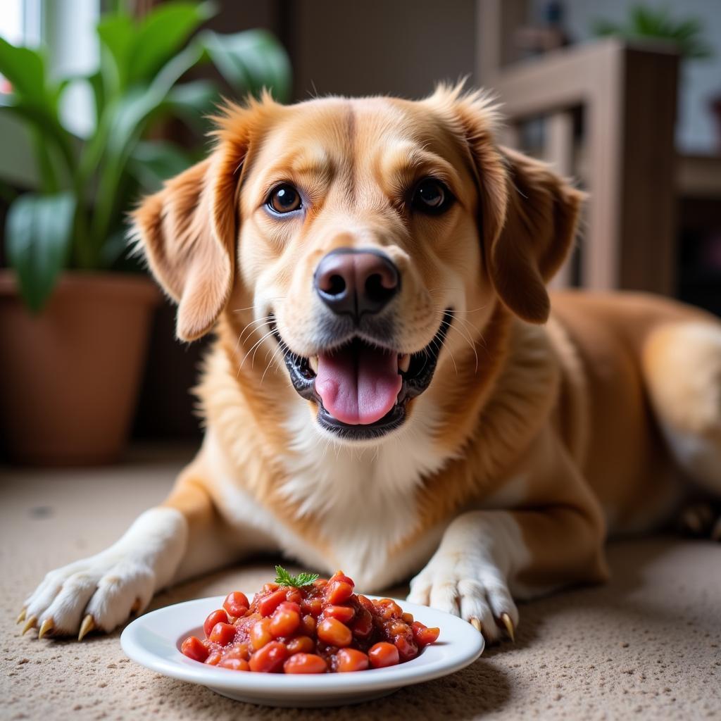 Ein Hund genießt sein BARF-Futter in Leverkusen