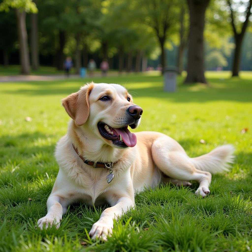 Ein Hund genießt die Sonne im Park in Leverkusen