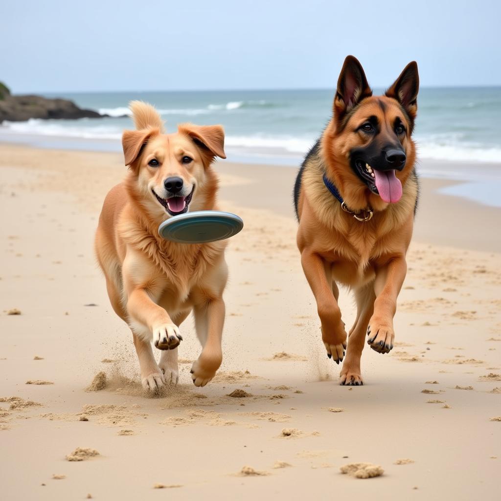 Zwei Hunde spielen am Hundestrand