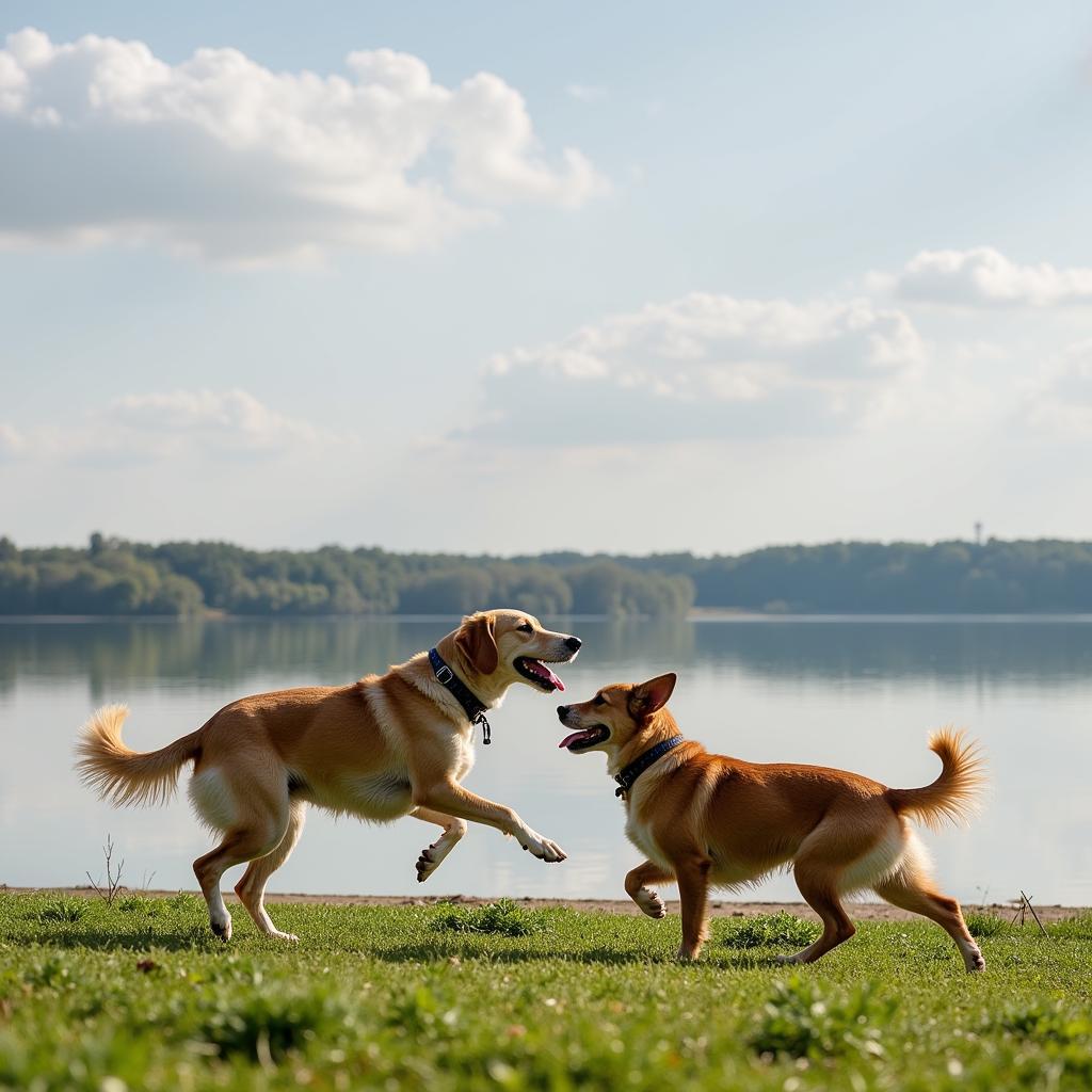 Zwei Hunde spielen miteinander am Rheinufer in Leverkusen