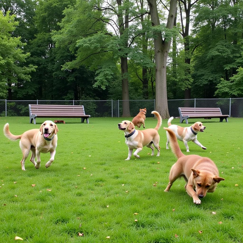 Hunde toben im Hundeauslaufgebiet Leverkusen