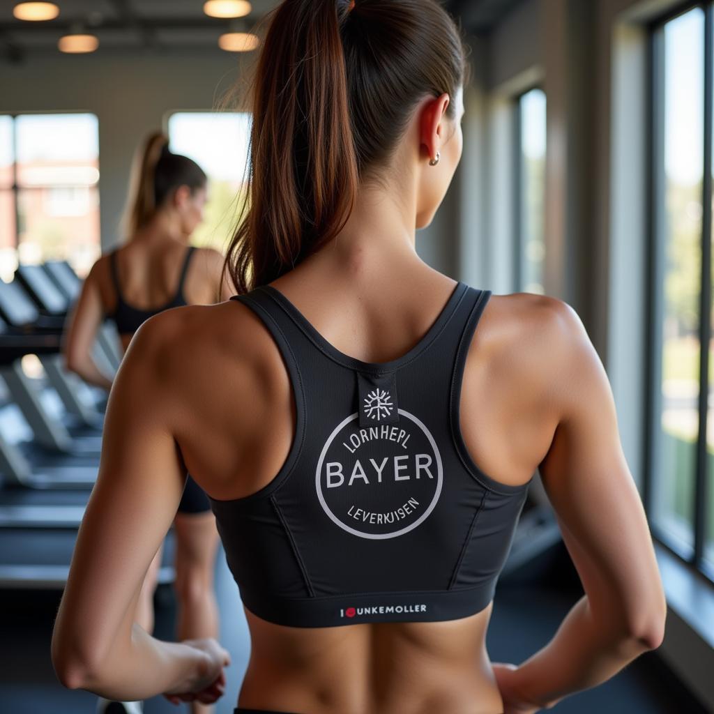 Frau trägt einen Hunkemöller Sport-BH mit Bayer Leverkusen Logo beim Training im Fitnessstudio