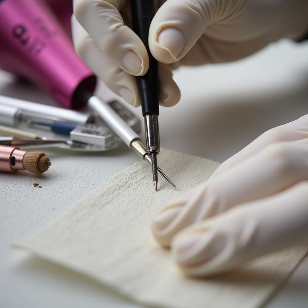 Hygiene Standards im Augenbrauen Tattoo Studio in Leverkusen: Sterile Nadeln und Einweghandschuhe.