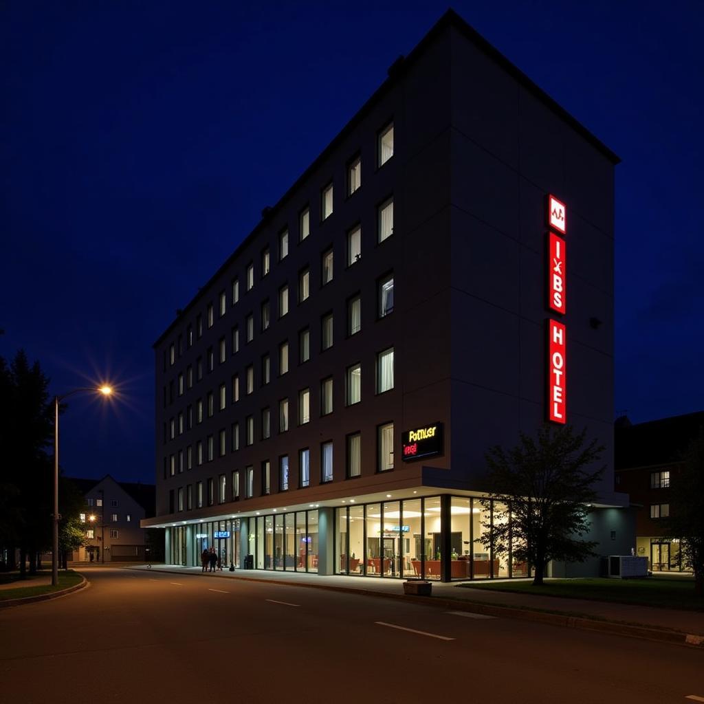 Moderne Fassade des Ibis Hotel Köln Leverkusen bei Nacht