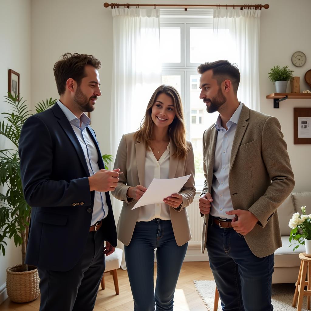 Immobilienmakler berät ein Paar bei der Suche nach einem Haus