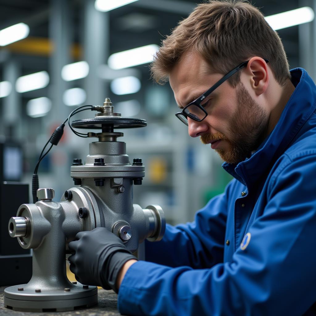 Ein Ingenieur prüft eine Armatur in einem Leverkusener Unternehmen