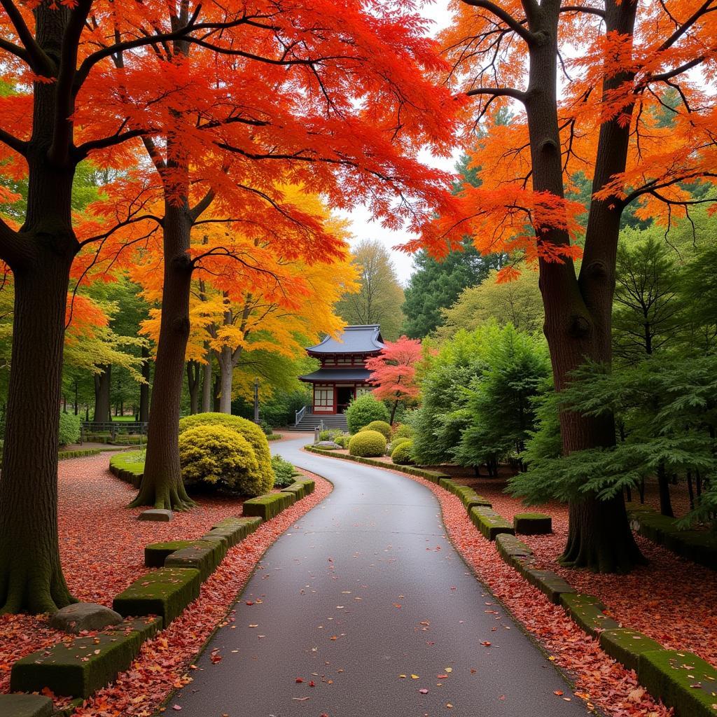 Japanischer Garten Leverkusen: Ein Weg gesäumt von buntem Herbstlaub