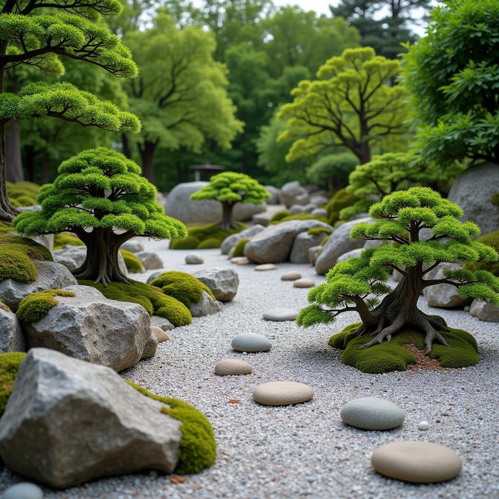 Ein Steingarten mit Bonsai-Bäumen im Japanischen Garten Leverkusen