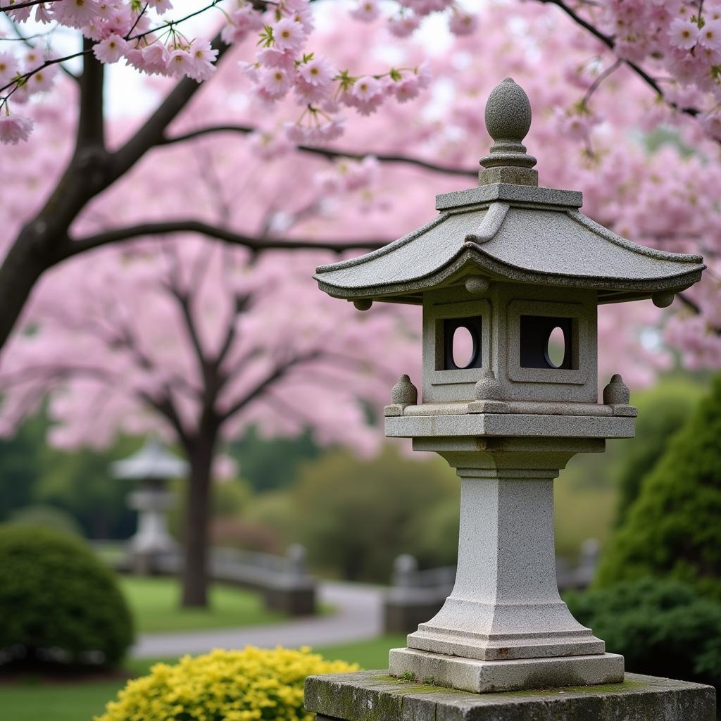 Japanischer Garten Leverkusen: Eine traditionelle Steinlaterne umgeben von Kirschblüten