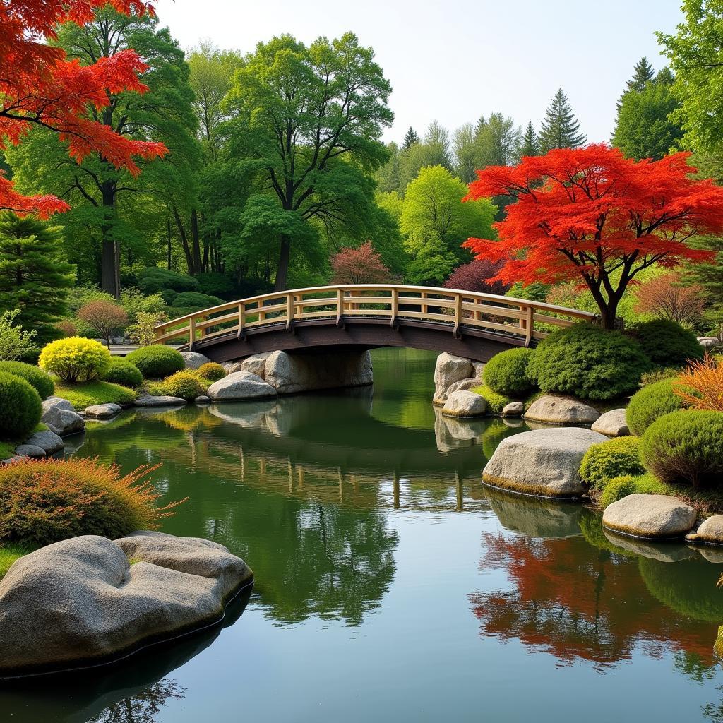 Ein traditioneller japanischer Teich mit Brücke im Japanischen Garten Leverkusen