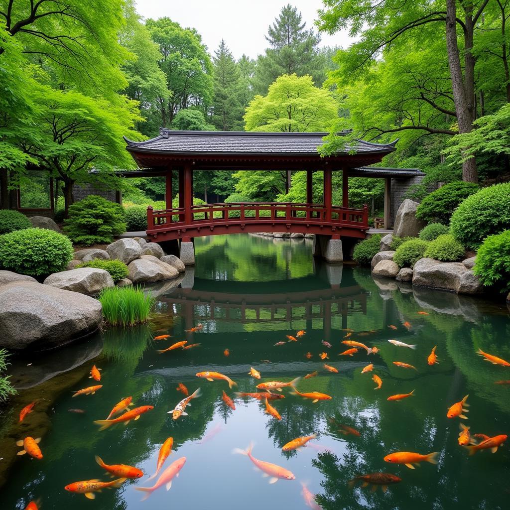 Japanischer Garten Leverkusen: Ein malerischer Teich mit einer traditionellen Brücke