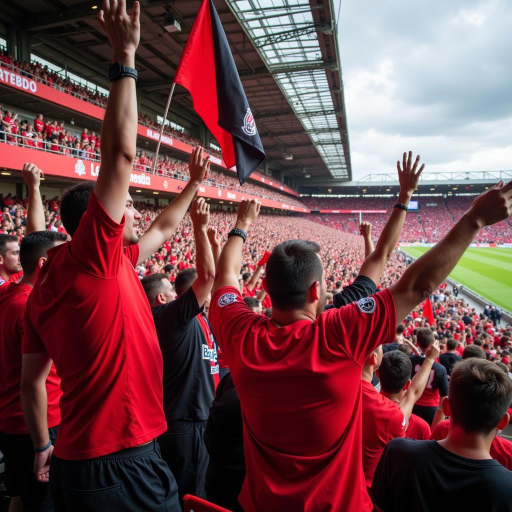 Jubelnde Leverkusen Fans im Stadion