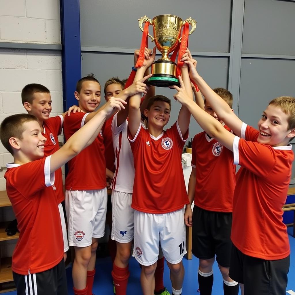 Die strahlenden Sieger des Jugend-Hallenfußballturniers Leverkusen mit ihrem Pokal.