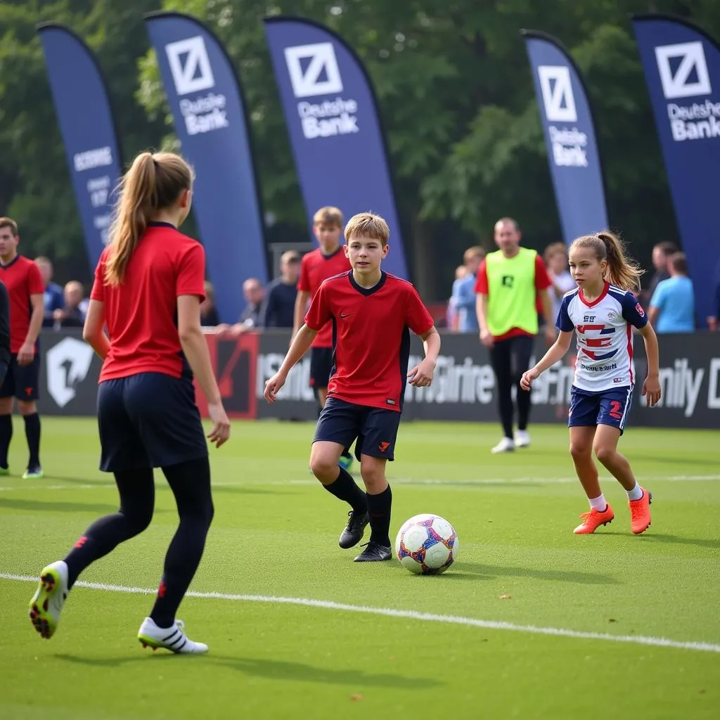 Jugendfußballturnier in Leverkusen mit Banner der Deutschen Bank 