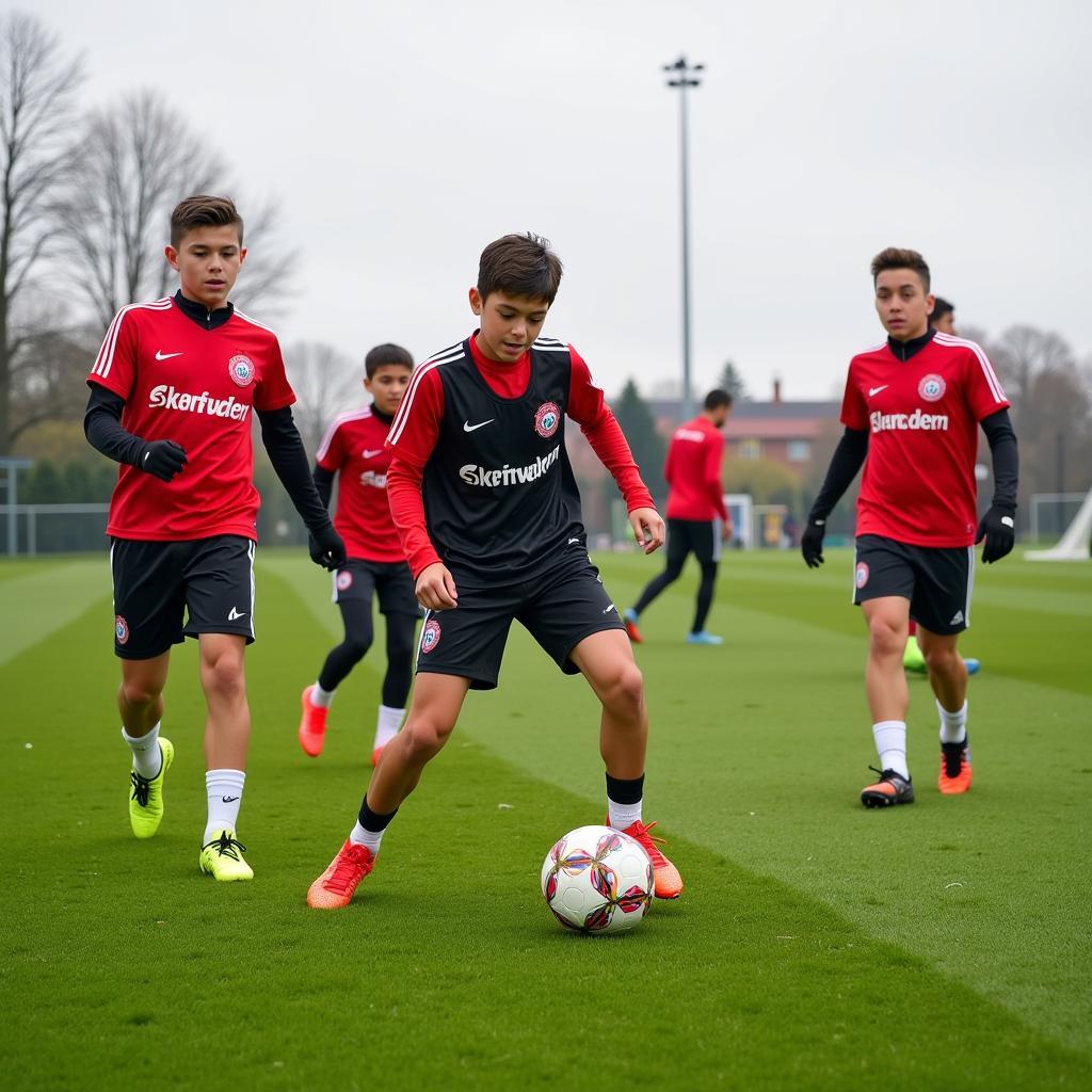 Junge Fußballspieler trainieren auf dem Rasenplatz von Bayer Leverkusen