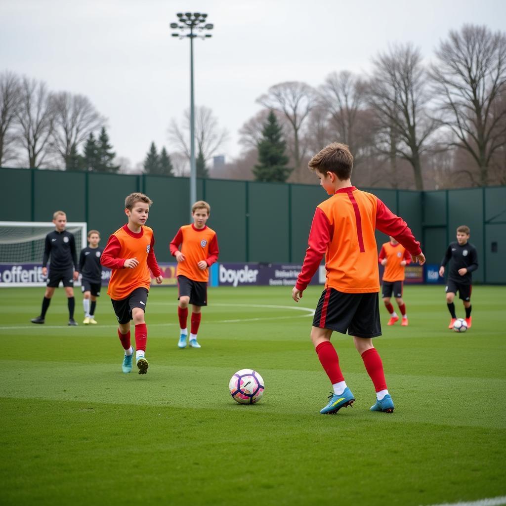 Junge Fußballer trainieren in Leverkusen