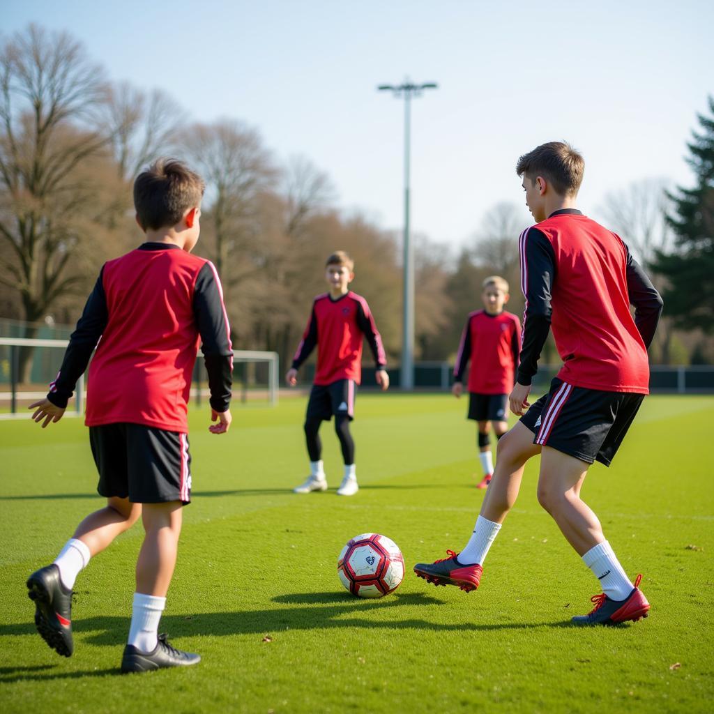 Jugendspieler trainieren den Abschlag in Leverkusen