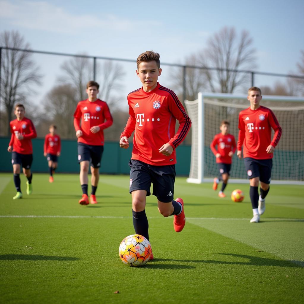 Junge Fußballer trainieren auf dem Gelände von Bayer 04 Leverkusen.