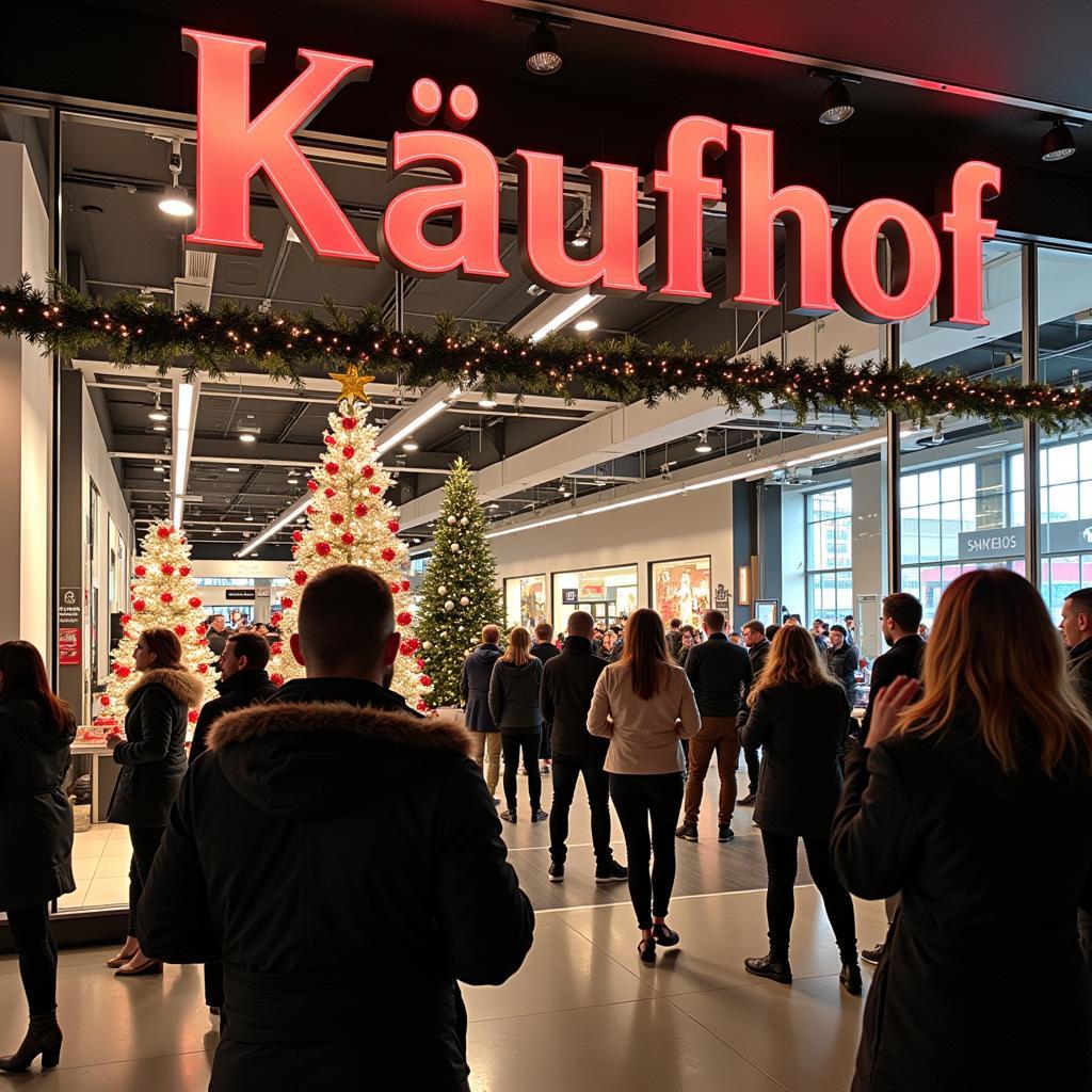 Lebhafte Veranstaltung im Kaufhof Leverkusen mit Besuchern und Dekorationen