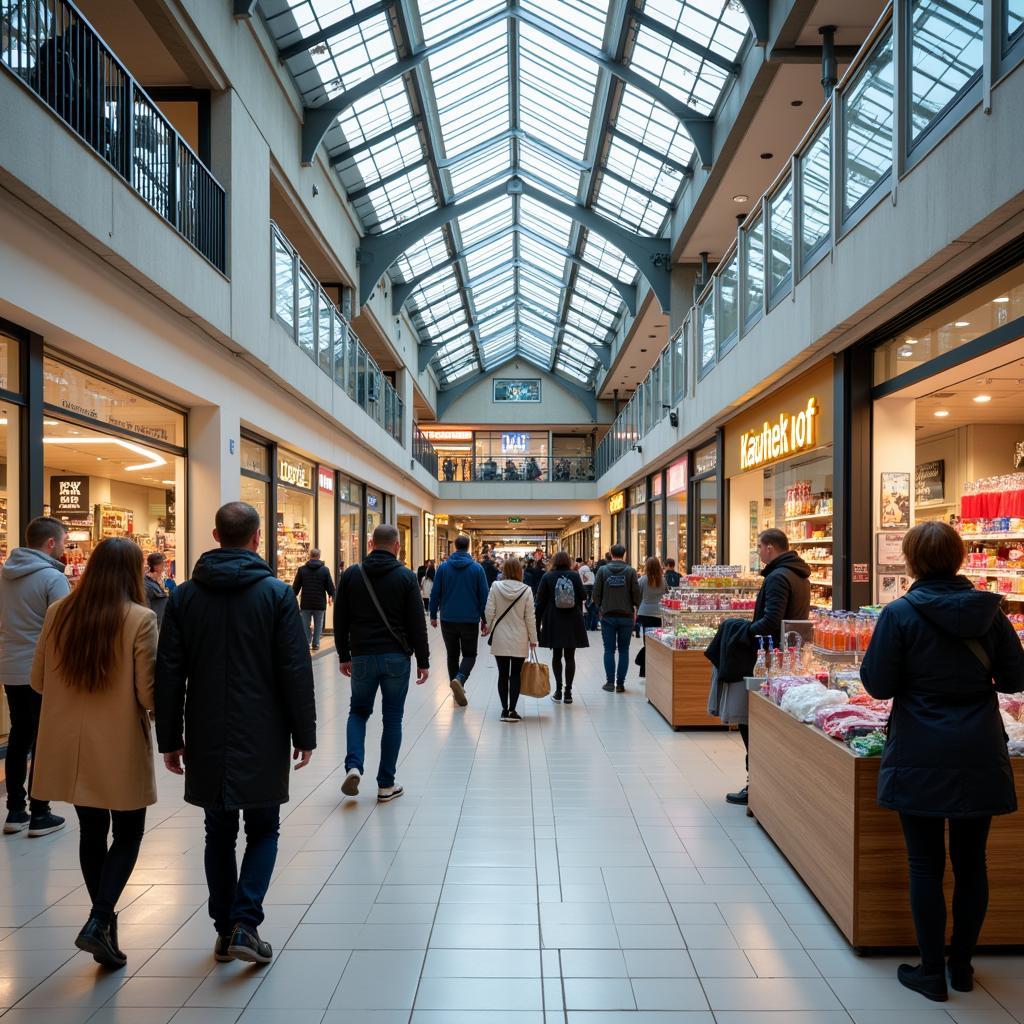 Einkaufszentrum Kaufhof in Leverkusen mit Menschen, die einkaufen gehen.