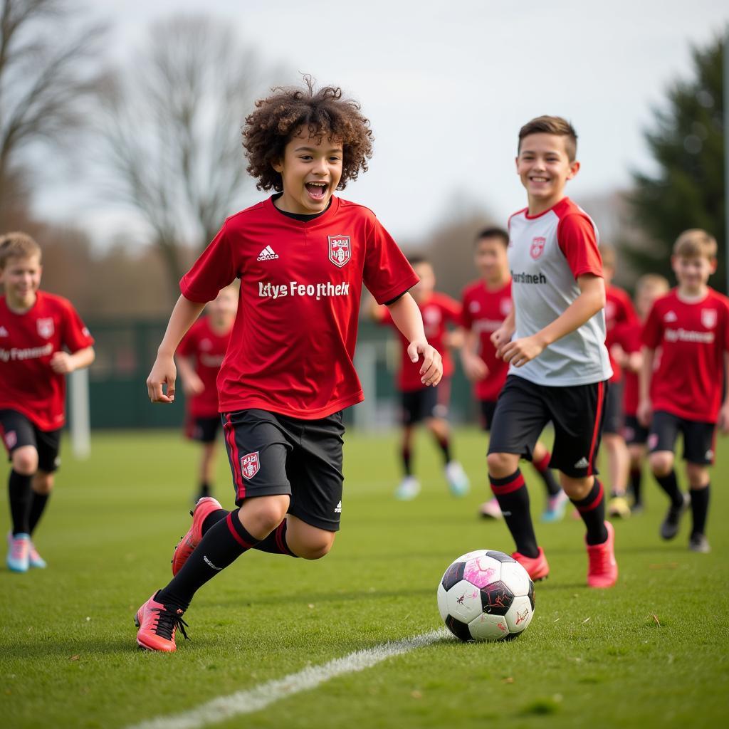 Kinder trainieren in Bayer Leverkusen Trikots