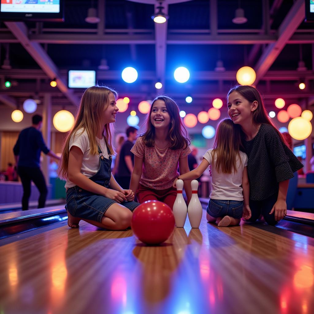 Kinder feiern einen Kindergeburtstag auf der Bowlingbahn in Leverkusen, mit bunten Lichtern und Bowlingpins im Vordergrund.