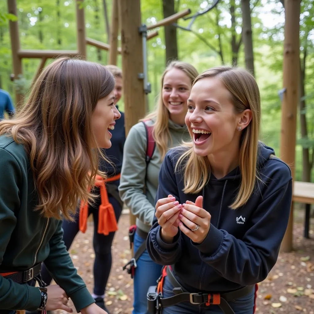 Gruppe von Freunden beim Klettern im Kletterpark Leverkusen.