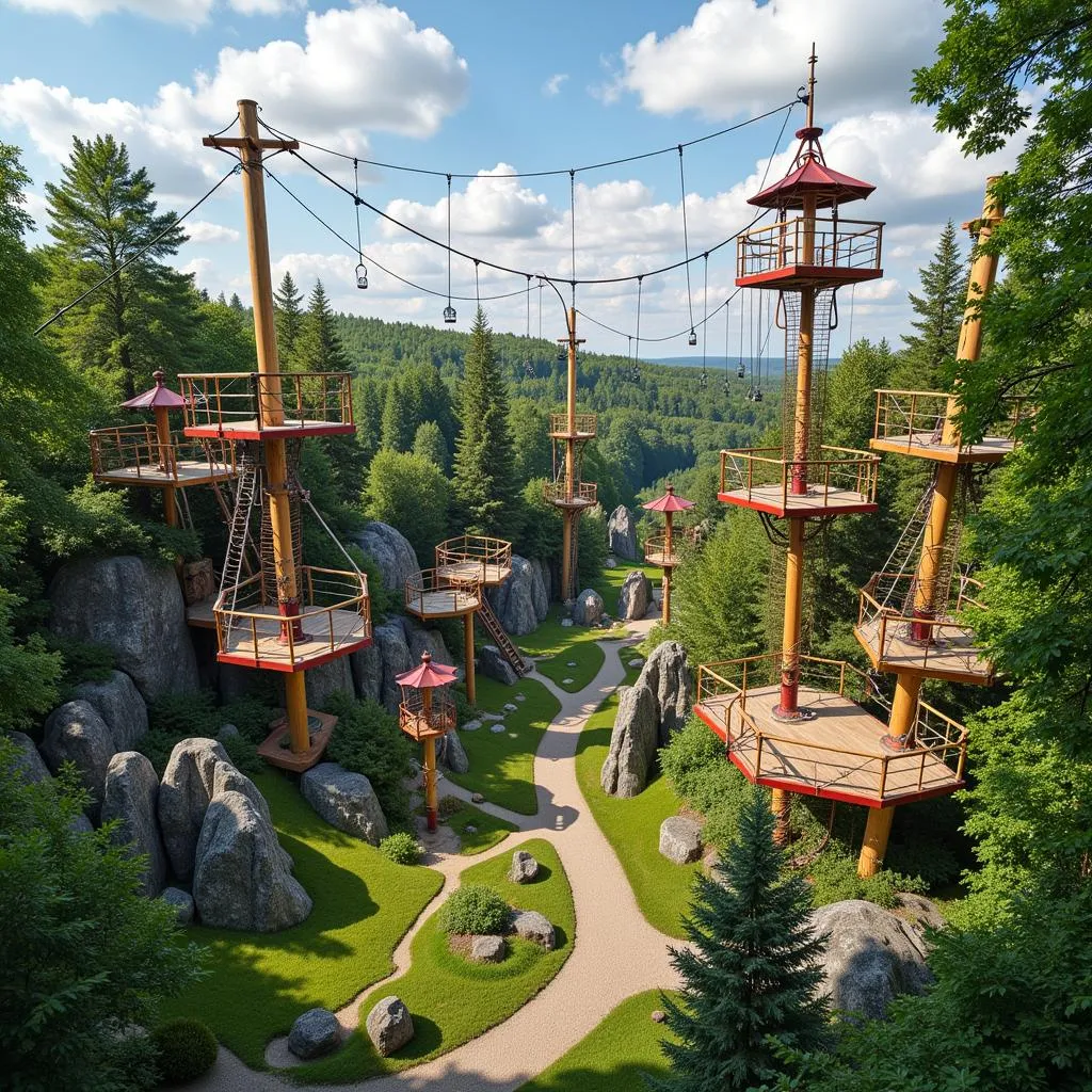 Detailansicht der Hindernisse und Plattformen im Kletterpark Leverkusen.