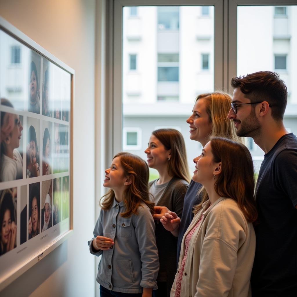 Besucher betrachten die Fotos in der Klinikum Leverkusen Babygalerie