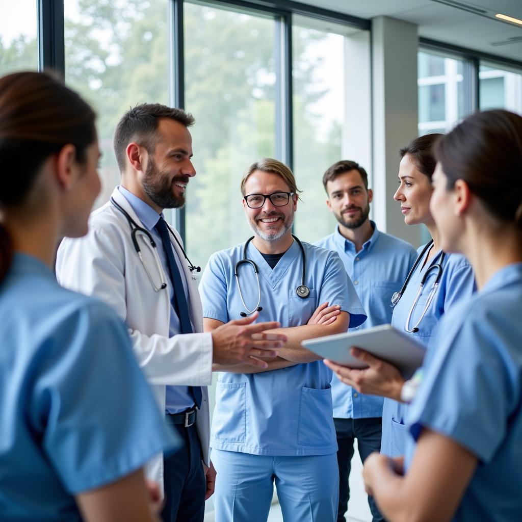 Ein Team von Ärzten und Pflegekräften im Leverkusen Klinikum bespricht Patientenfälle.