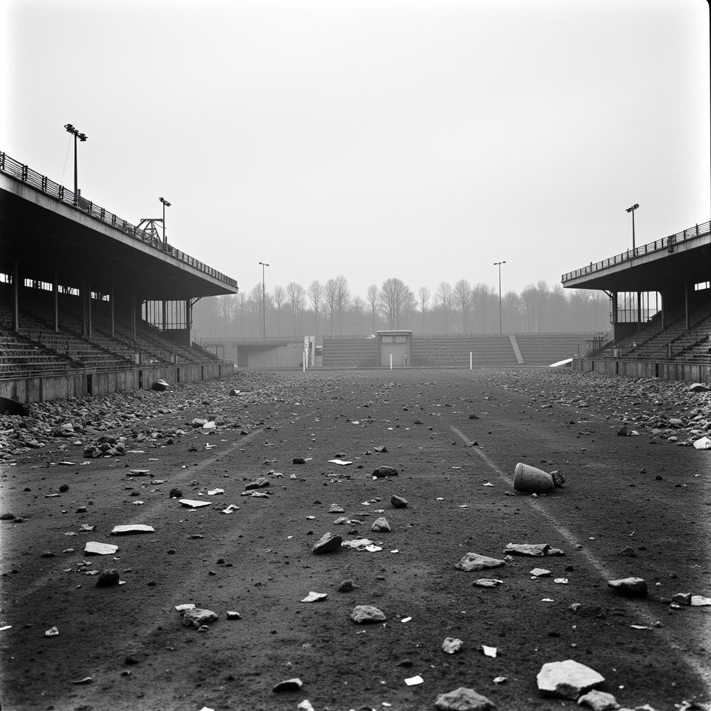 Zerstörtes Stadion in Leverkusen während des Krieges