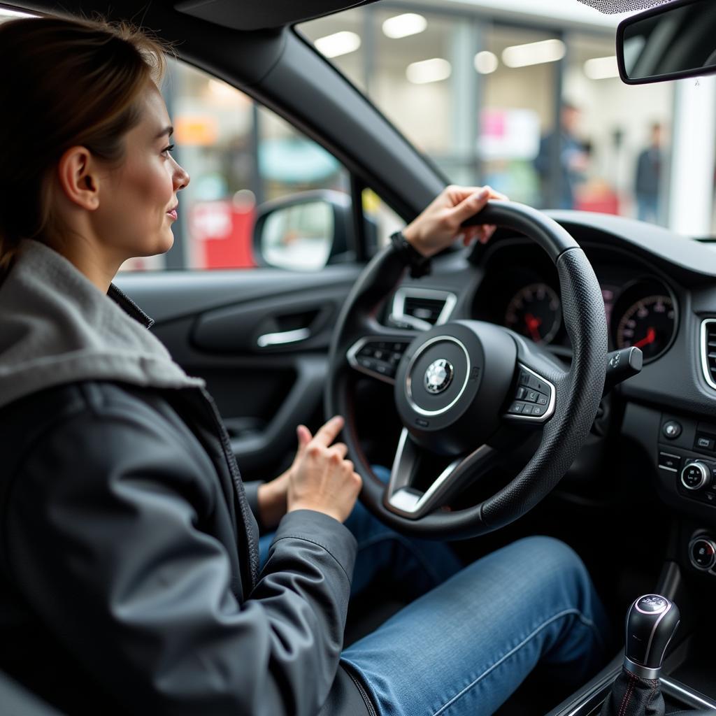 Kunde probiert Automobilzubehör im Geschäft aus