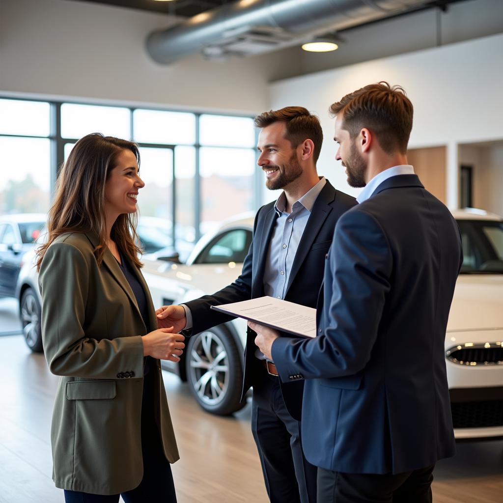 Ein freundlicher Verkaufsberater berät ein Paar in einem hellen und modernen Showroom.