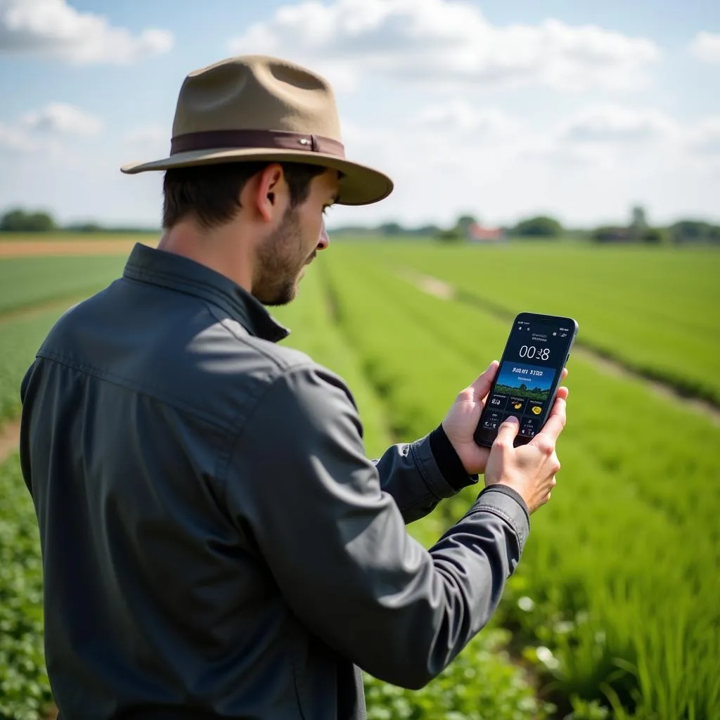 Landwirt nutzt Smartphone App um Agrarwetter zu checken