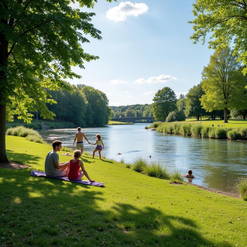 Familien genießen die Sonne am Rheinufer in Leverkusen Küppersteg