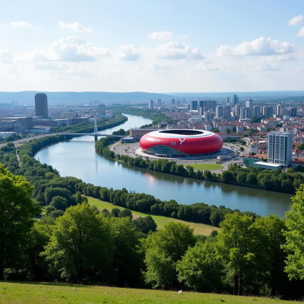 Leverkusen Rheinpromenade mit Blick auf die BayArena