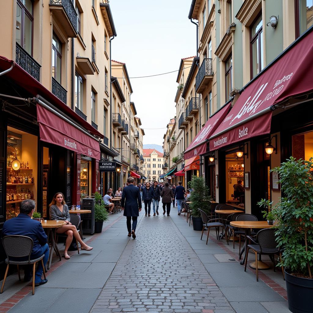 Lebendige Fußgängerzone mit Geschäften und Restaurants