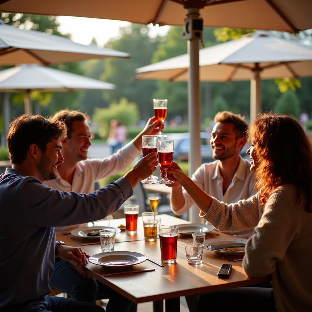 Freunde stoßen auf einer Terrasse in Leverkusen an