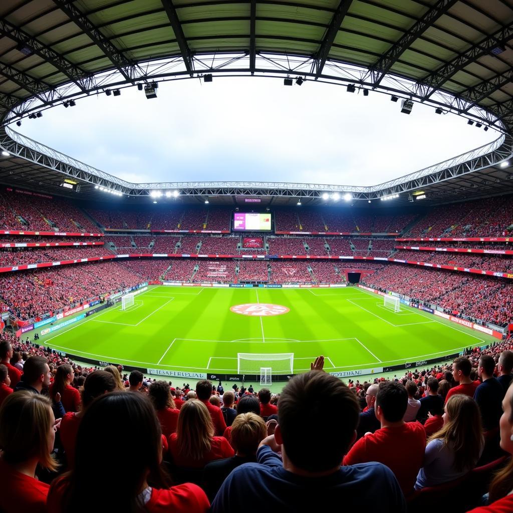 Jubelnde Fans von Leverkusen und Bayern Frauen im Stadion