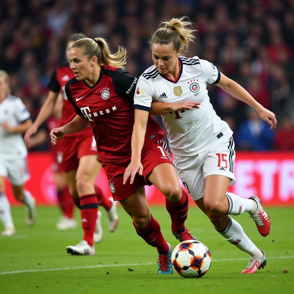 Spannungsgeladene Spielszene zwischen Leverkusen und Bayern Frauen