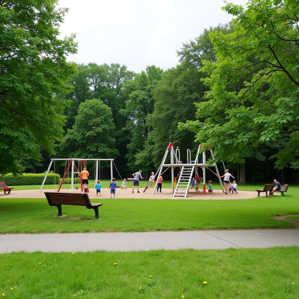 Kinder spielen auf einem Spielplatz im Park in Leverkusen Bürrig