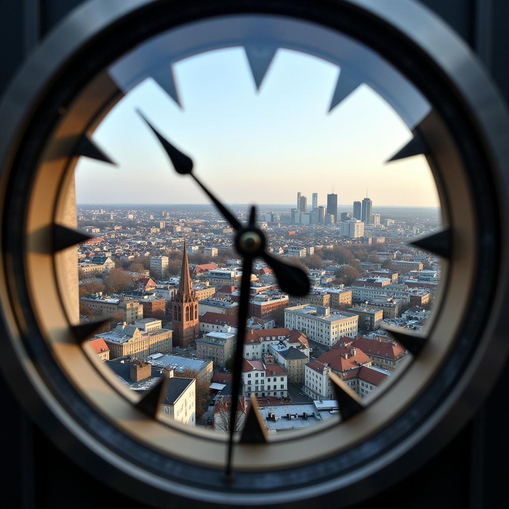 Skyline von Leverkusen mit Uhr im Vordergrund