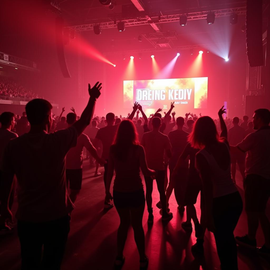 Fans tanzen ausgelassen auf der Tanzfläche in der BayArena während der Leverkusen Disco Nacht.